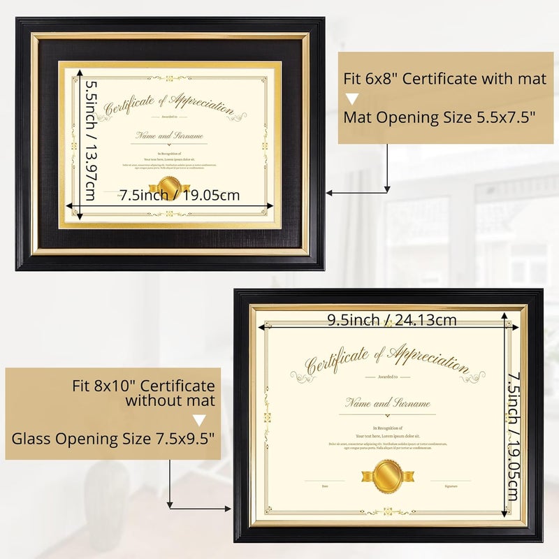 Hodeframe 8x10 Diploma Frame for 6x8 Certificate/Document/Picture with Black and Gold Mat, Solid Wood Degree Frame, Real Glass，Wall Display and Tabletop - Image 4